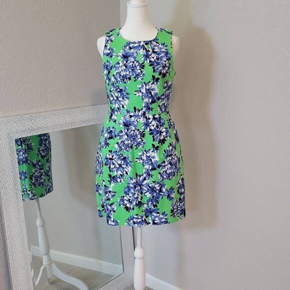J. Crew Textured Cotton Sheath Dress Green Blue Floral Size 2 - Picture 1 of 9